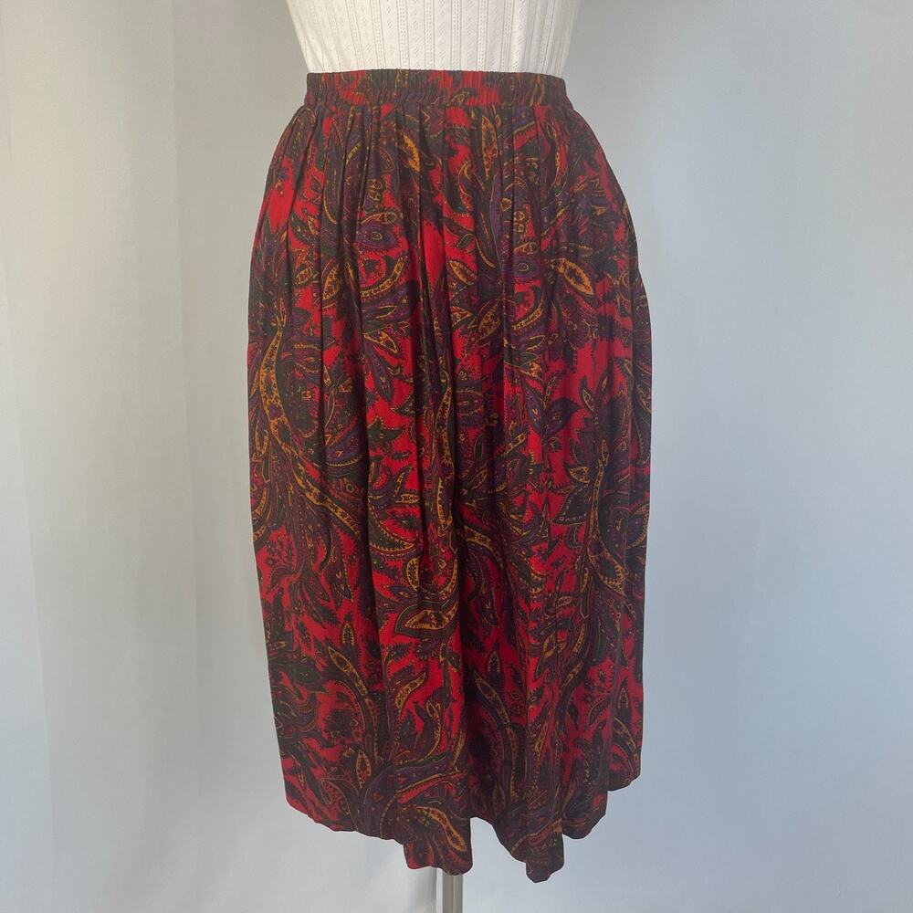 Vintage Midi Skirt Size 10 Red Paisley Pleated A Line Retro Preppy Academia 90s - Picture 2 of 12